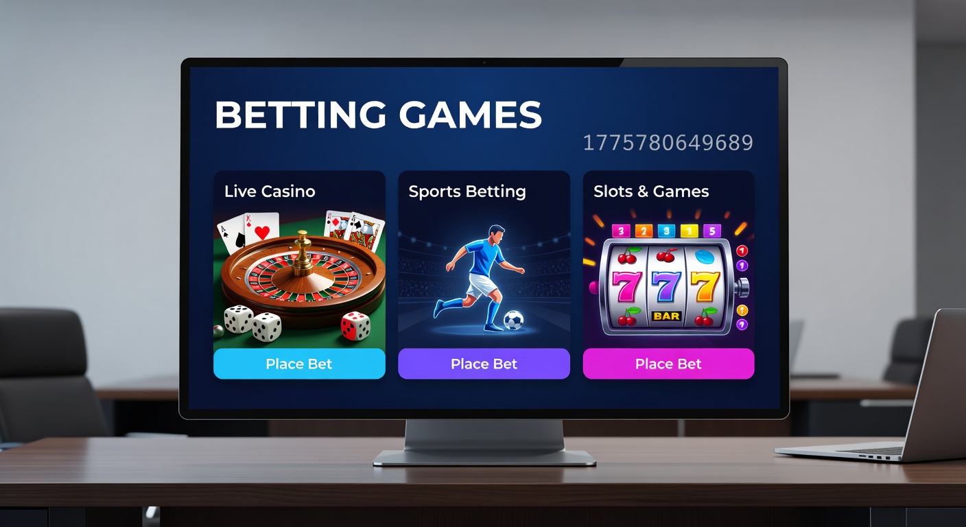 Vibrant display of diverse betting games including roulette wheels, slot machines, and digital sports betting interfaces on mobile devices