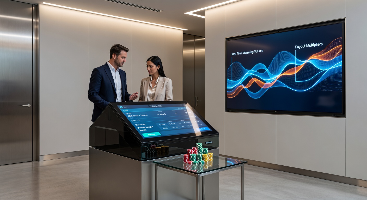 Dynamic scene of players engaged in live betting on sports events via apps, with overlaid graphics showing real-time odds and cashout options