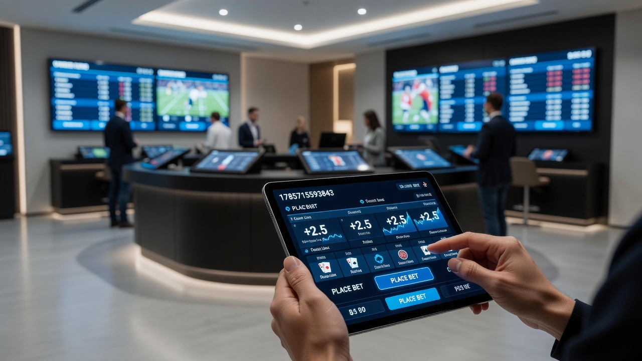 Players engaging with live dealer tables and in-play sports betting on tablets in a modern lounge setting