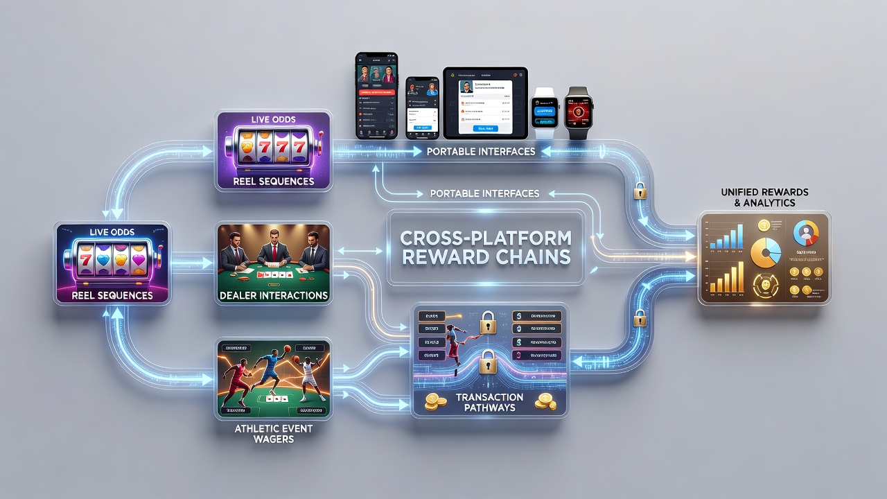 Mobile device displaying interconnected reward chains across slot reels, live dealer tables, and sports wagers