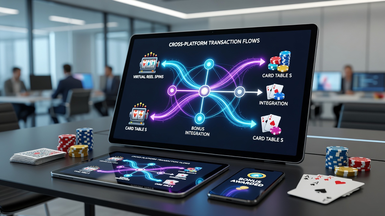 Mobile interface showing seamless bonus transfer between slots, tables, and live sports betting via unified transaction flows