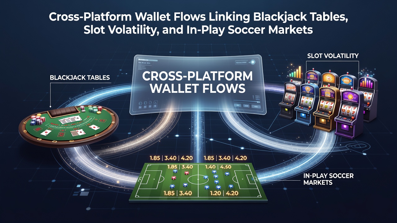 Cross-platform digital wallet dashboard displaying seamless fund transfers across blackjack tables, slot machines with varying volatility levels, and in-play soccer betting interfaces