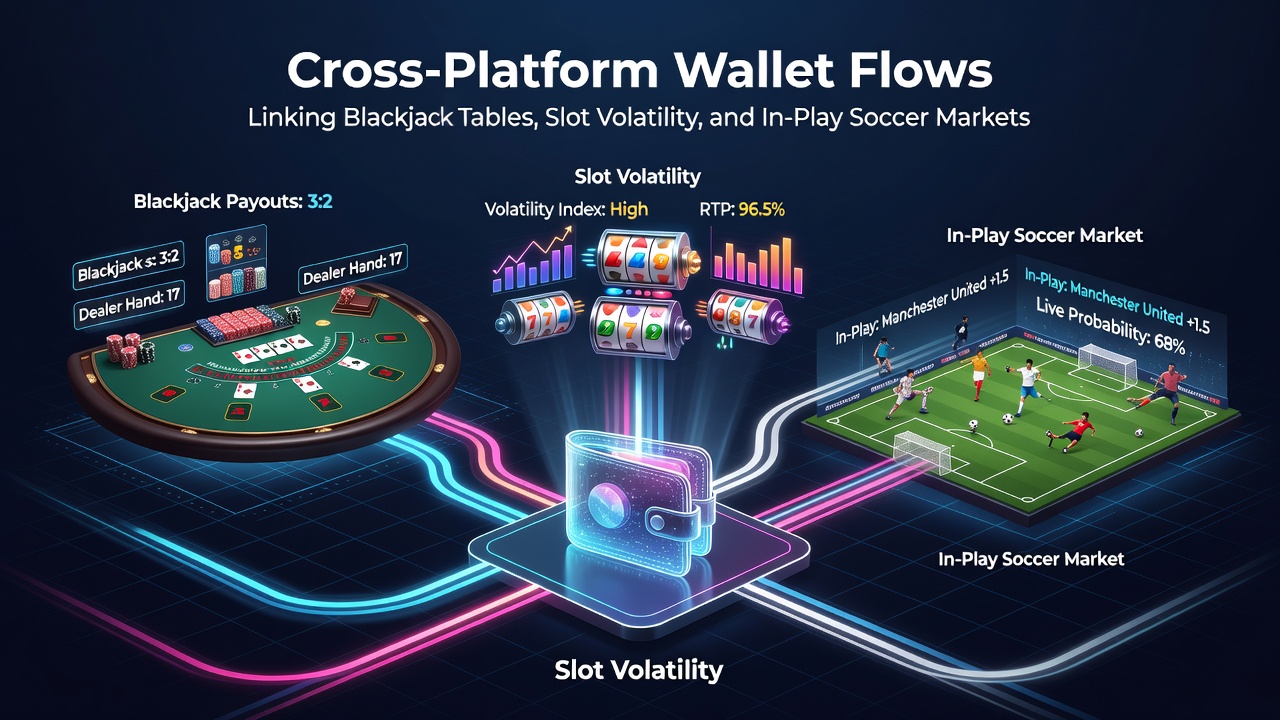 Mobile view of interconnected wallet flows showing balance updates between a blackjack table session, high-volatility slot reels, and an active soccer in-play betting screen