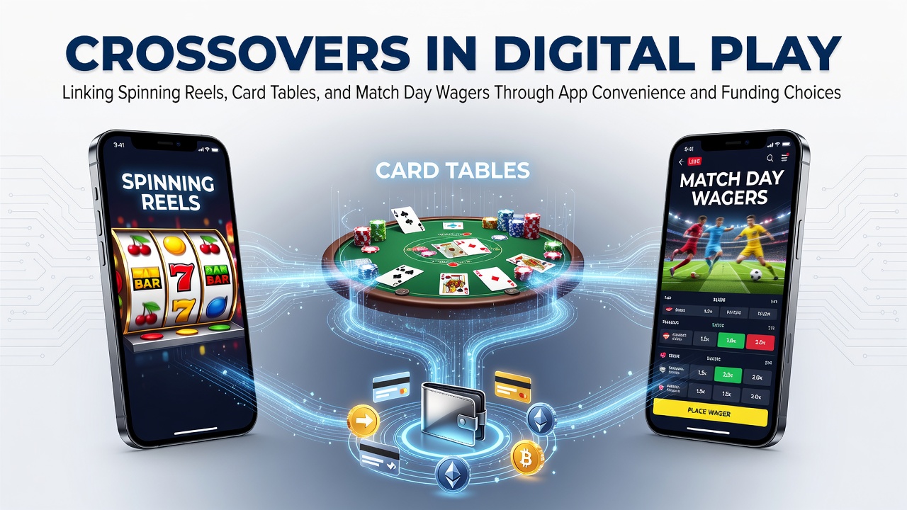 Digital app interface showing spinning reels alongside card tables and live sports wagers with seamless payment options