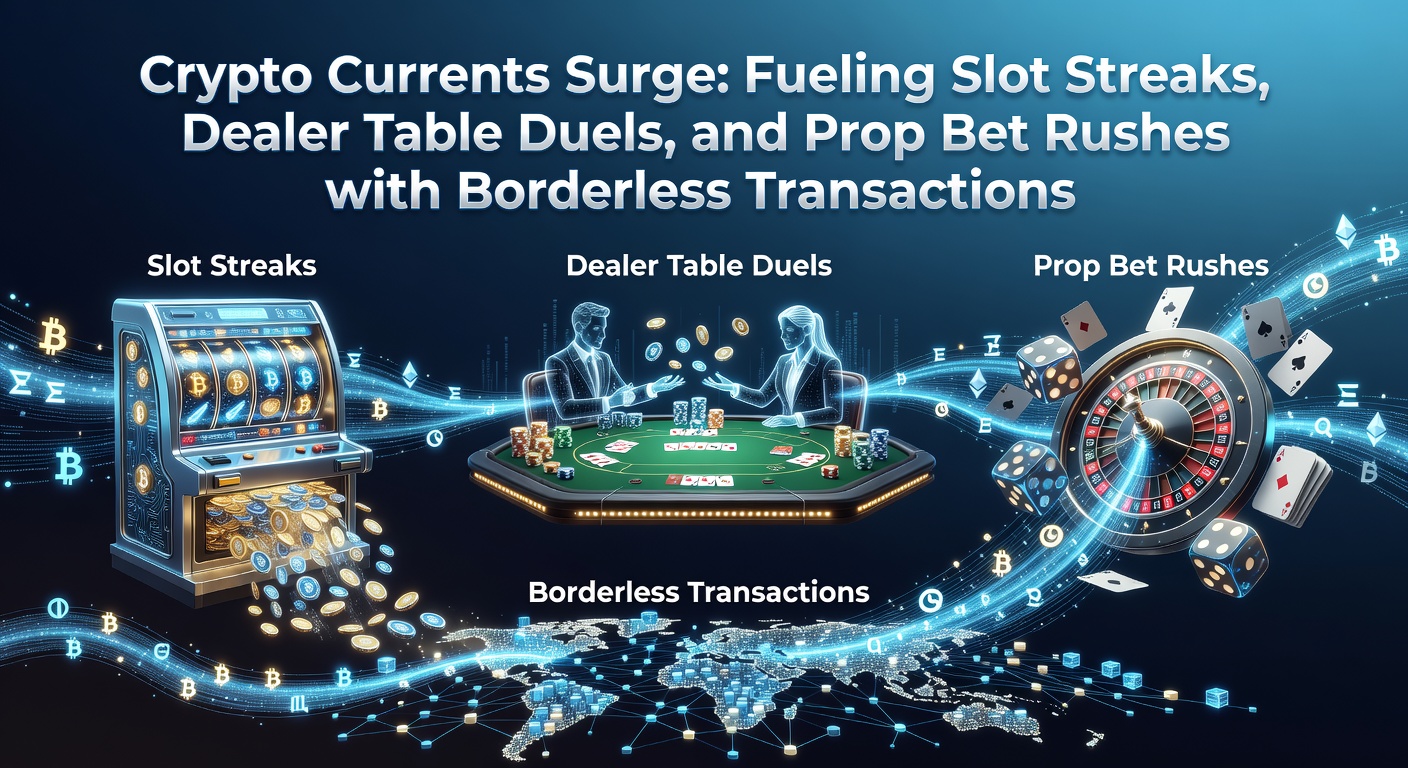 Digital cryptocurrency icons overlaying vibrant slot machine reels and live dealer tables, symbolizing fast global transactions in online gambling