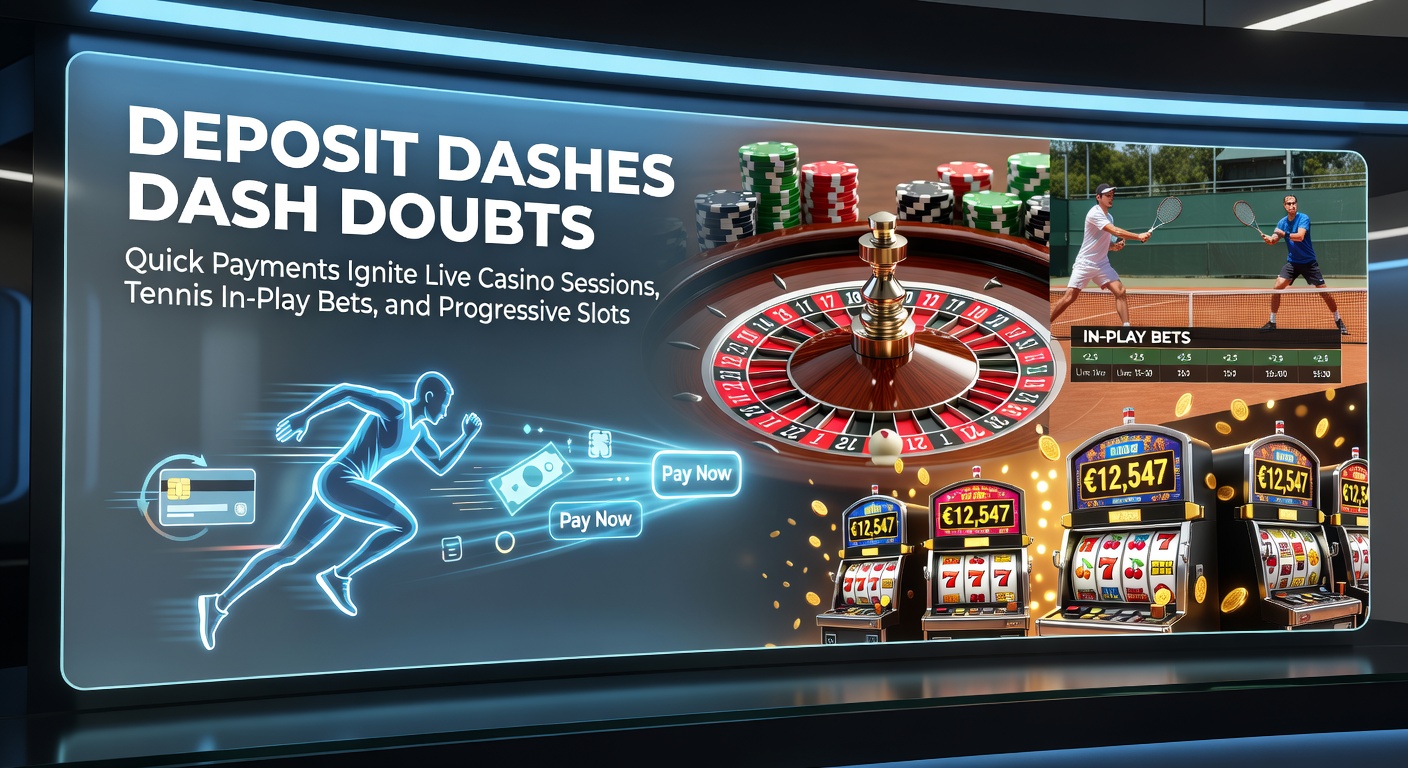 Dynamic graphic showing swift digital deposits unlocking live casino tables, tennis betting interfaces, and spinning progressive slots