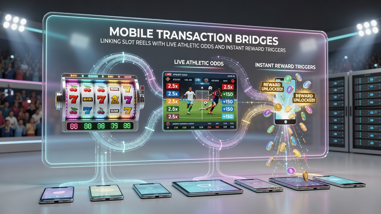 Mobile transaction interface showing slot reels linked to live sports odds and reward triggers on a smartphone screen