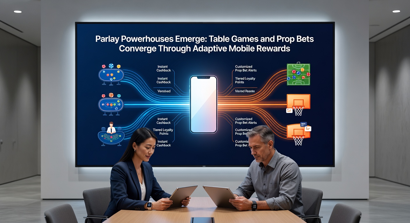Dynamic app interface displaying parlay builder with table game overlays, prop bet options, and glowing reward badges