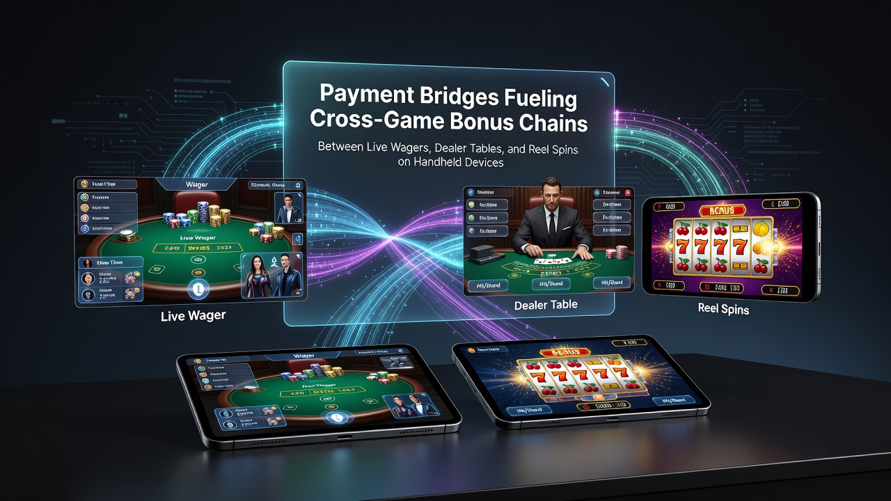 Mobile device displaying interconnected gambling interfaces with payment bridge icons linking sports wagers, live tables, and slot reels