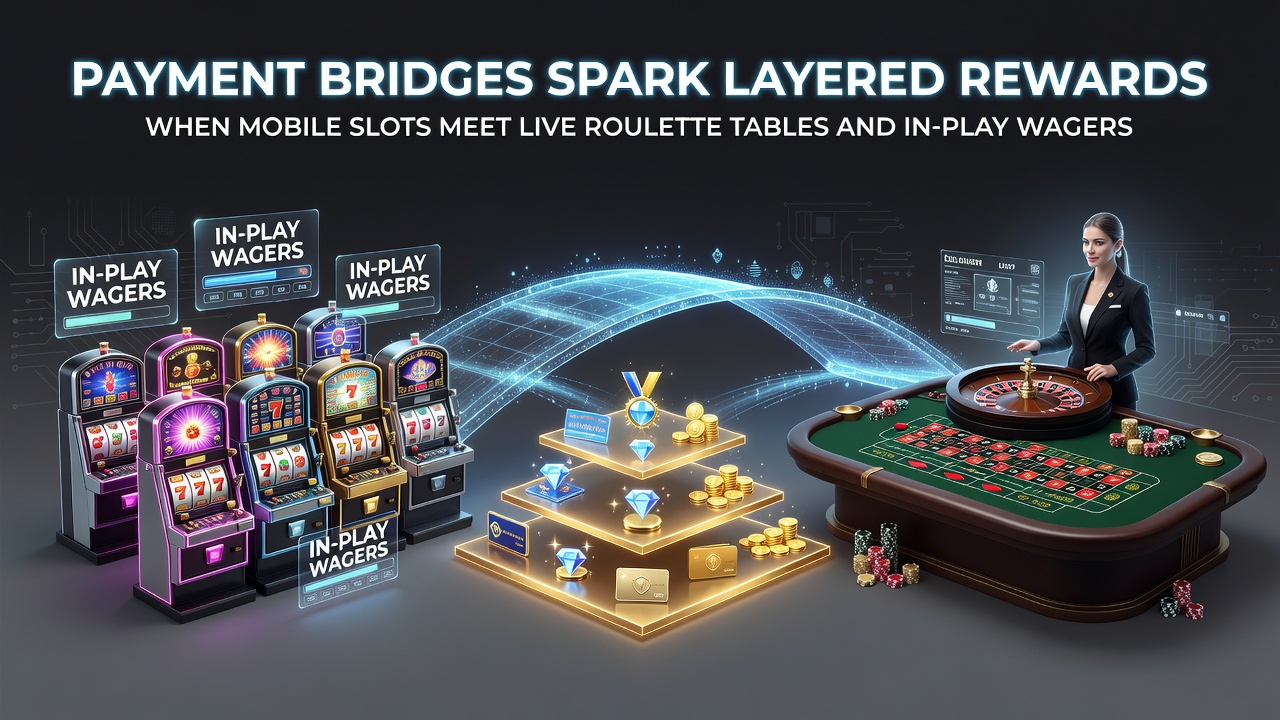 Mobile device displaying integrated casino games with payment bridge icons linking slots, roulette, and sports wagers