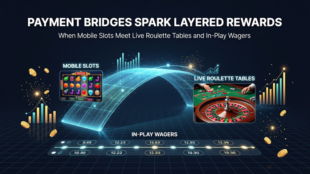 Live roulette table interface merged with mobile slot reels and in-play betting odds on a single dashboard