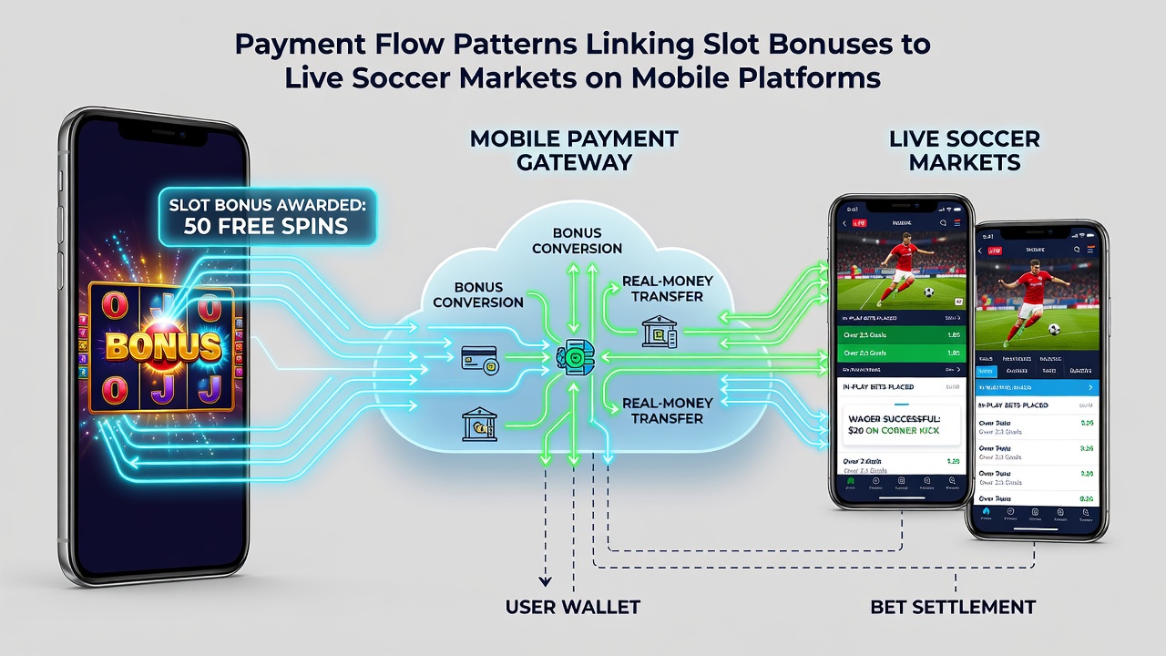 Smartphone screen displaying real-time payment routing from slot bonus balance to live soccer wager placement interface