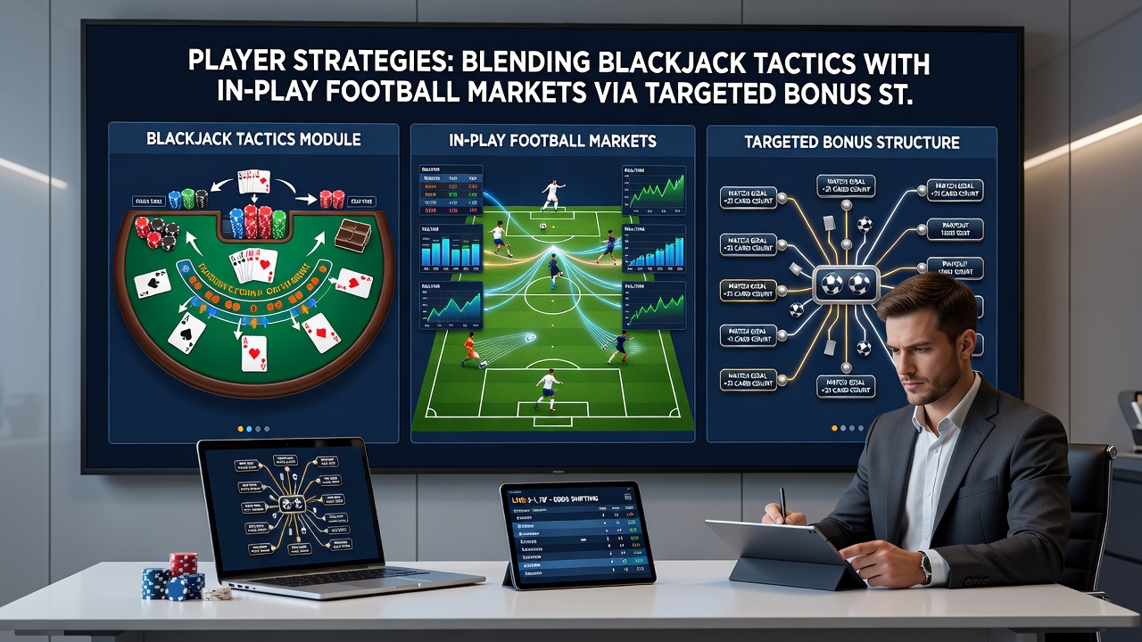 Player using tablet to manage blackjack hands and football in-play bets with active bonus meter