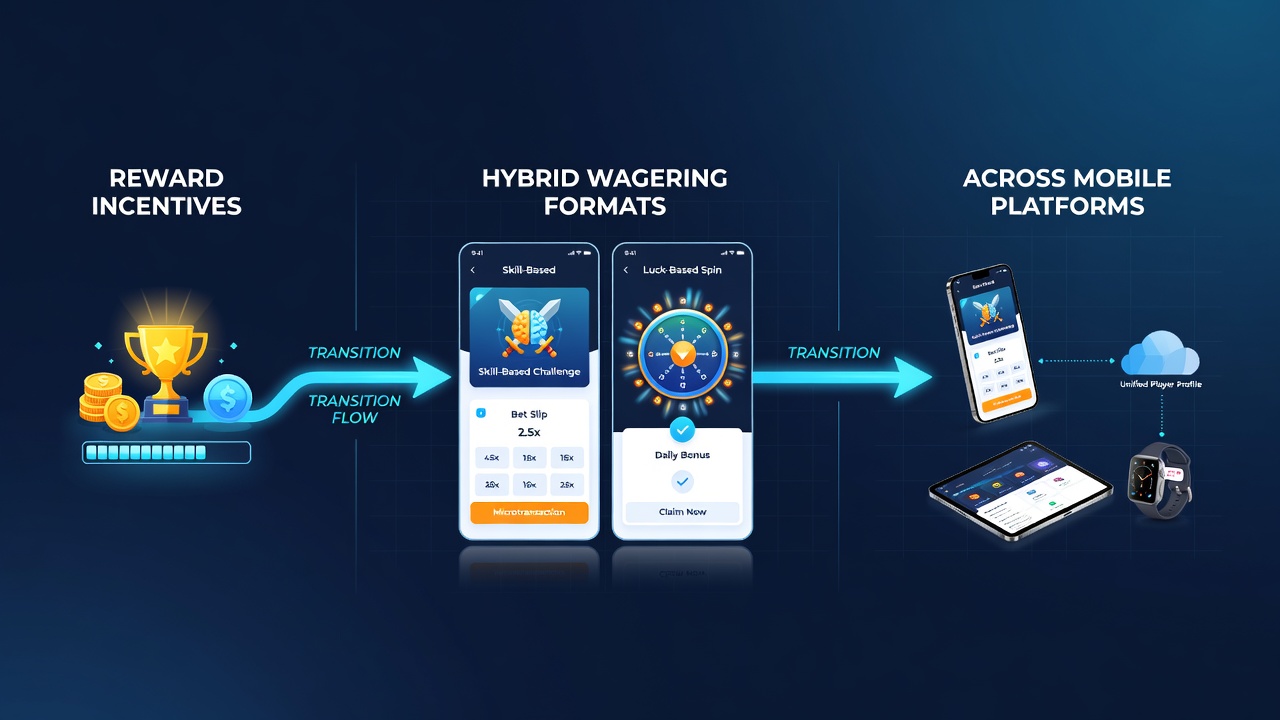 Illustration of player transitions across mobile betting interfaces and reward systems