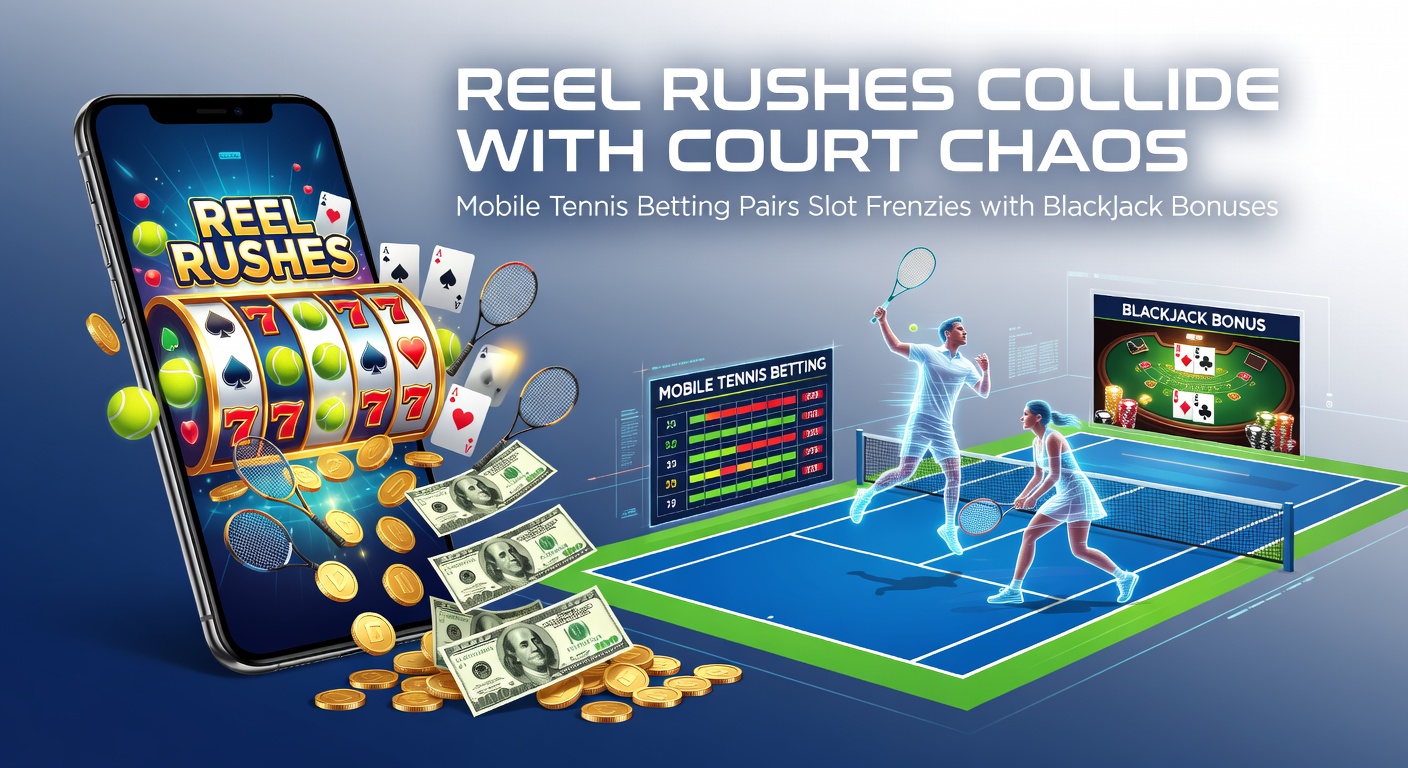 Mobile screen displaying a live tennis match bet alongside spinning slot reels and blackjack table options