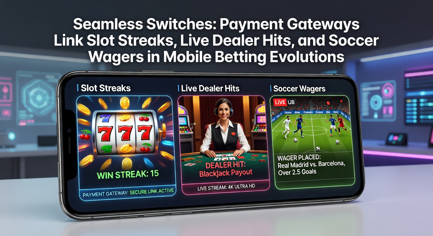 Mobile phone screen displaying seamless transitions between slot games, live dealer tables, and soccer betting odds with instant payment icons overlayed