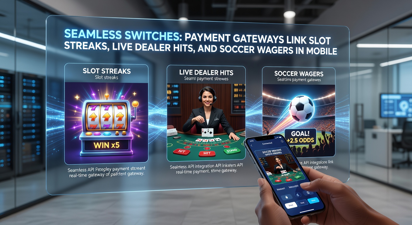 Dynamic graphic of payment gateway icons connecting slot reels, live dealer roulette wheel, and soccer field with live odds updating in real-time on a mobile interface