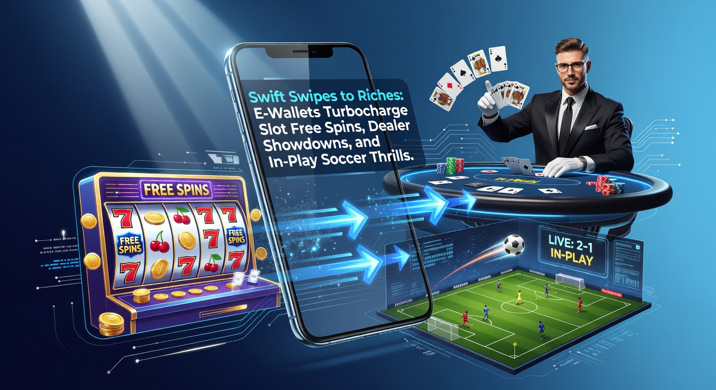 Vibrant digital wallet interface showing instant deposits into a slot game screen with spinning reels and soccer match highlights in the background