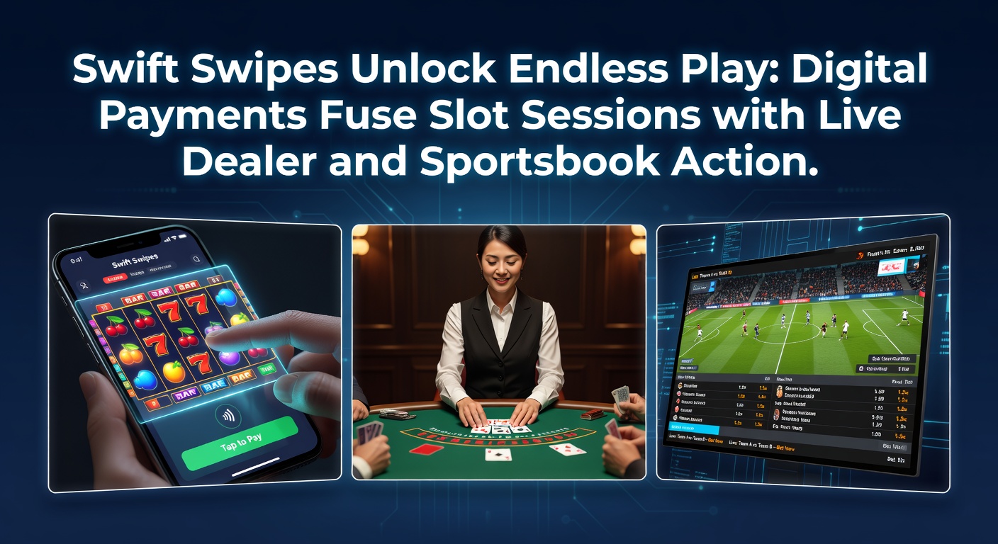 Mobile screen showing digital wallet swipe funding a slot spin transitioning to live dealer roulette and soccer bet